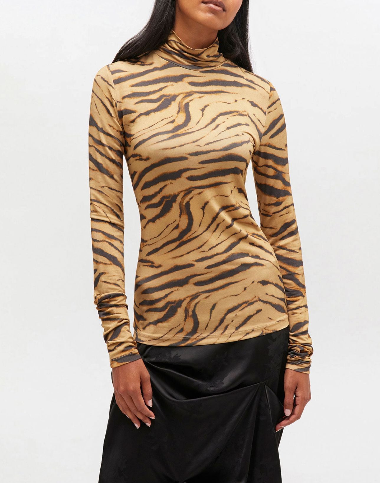 Printed Shiny Jersey Turtlenck-Tops/Blouses-Uniquities