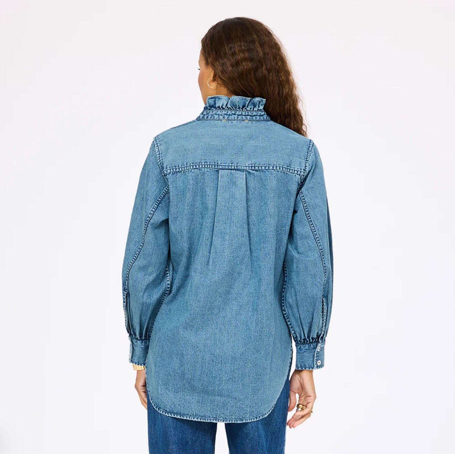 Puff Sleeve Denim Shirt-Tops/Blouses-Uniquities