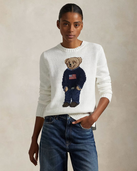 Linen Crewneck Bear Sweater-Sweaters-Uniquities