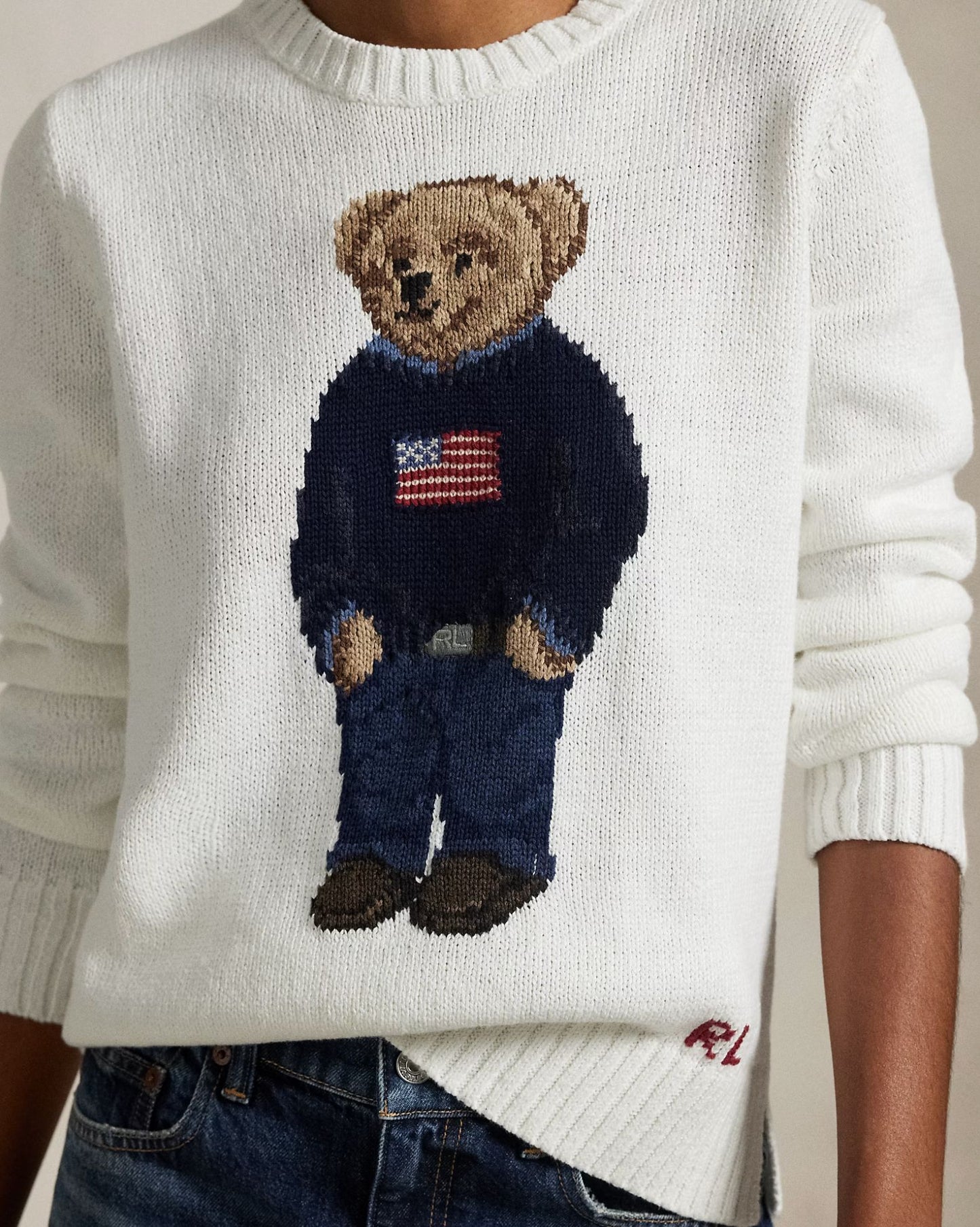 Linen Crewneck Bear Sweater-Sweaters-Uniquities
