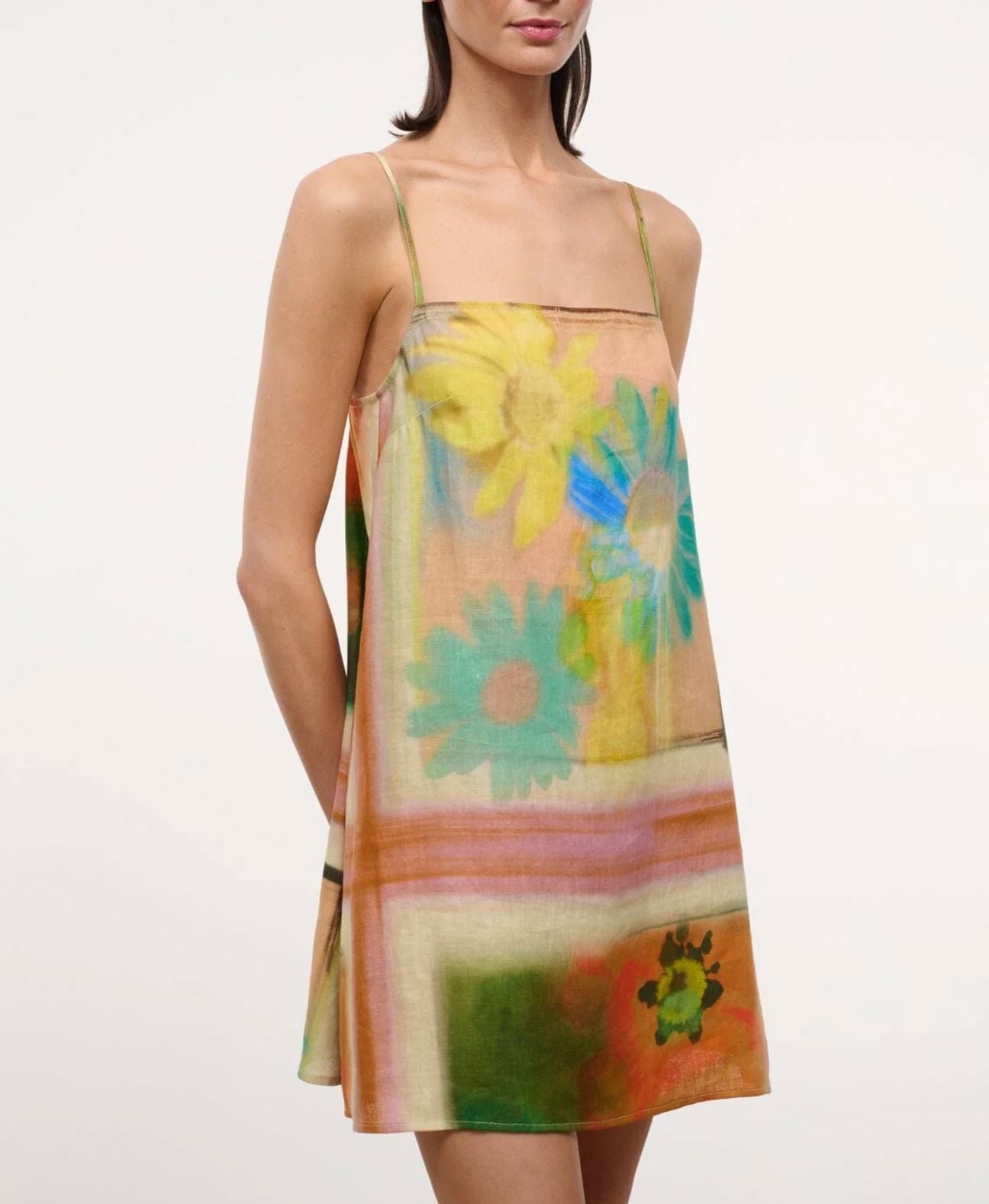 linen mini dresses STAUD, Laura Linen Mini Dress in Superbloom Scarf, Size Medium