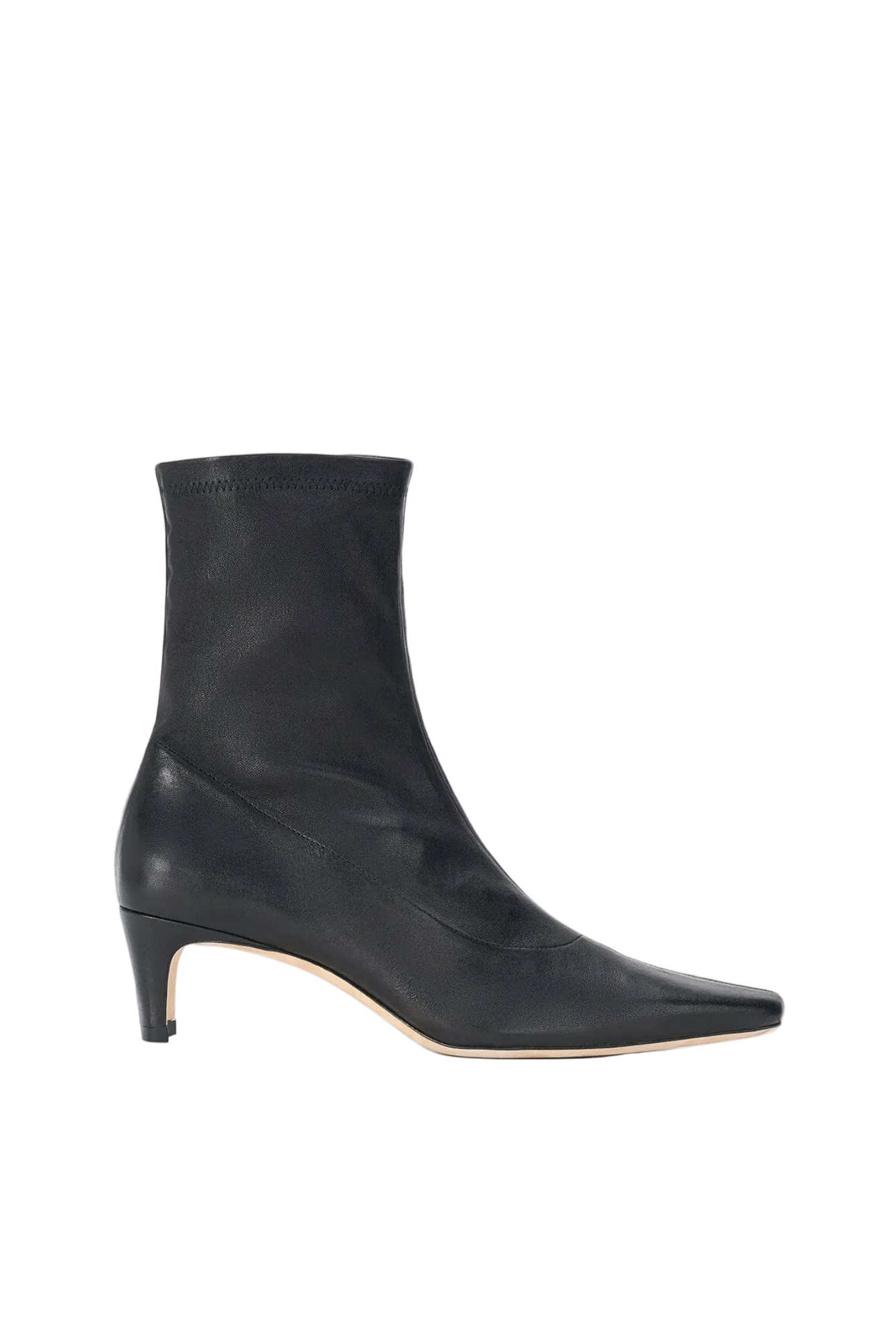 A single black leather ankle boot with a pointed toe and a slim kitten heel, shown in profile against a plain white background.