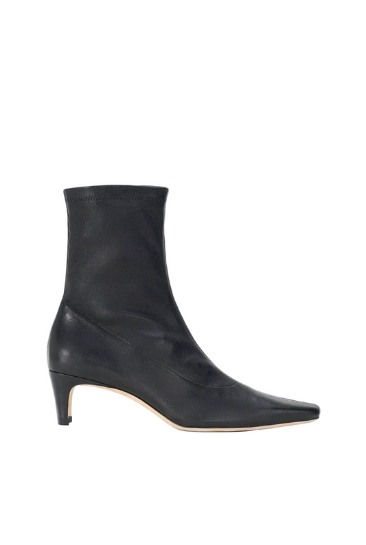 A single black leather ankle boot with a pointed toe and a slim kitten heel, shown in profile against a plain white background.