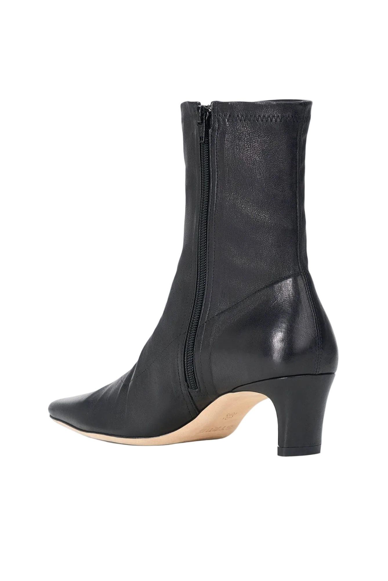 A black leather ankle boot with a pointed toe, a mid-height block heel, and a side zipper, shown from a three-quarters rear view on a white background.