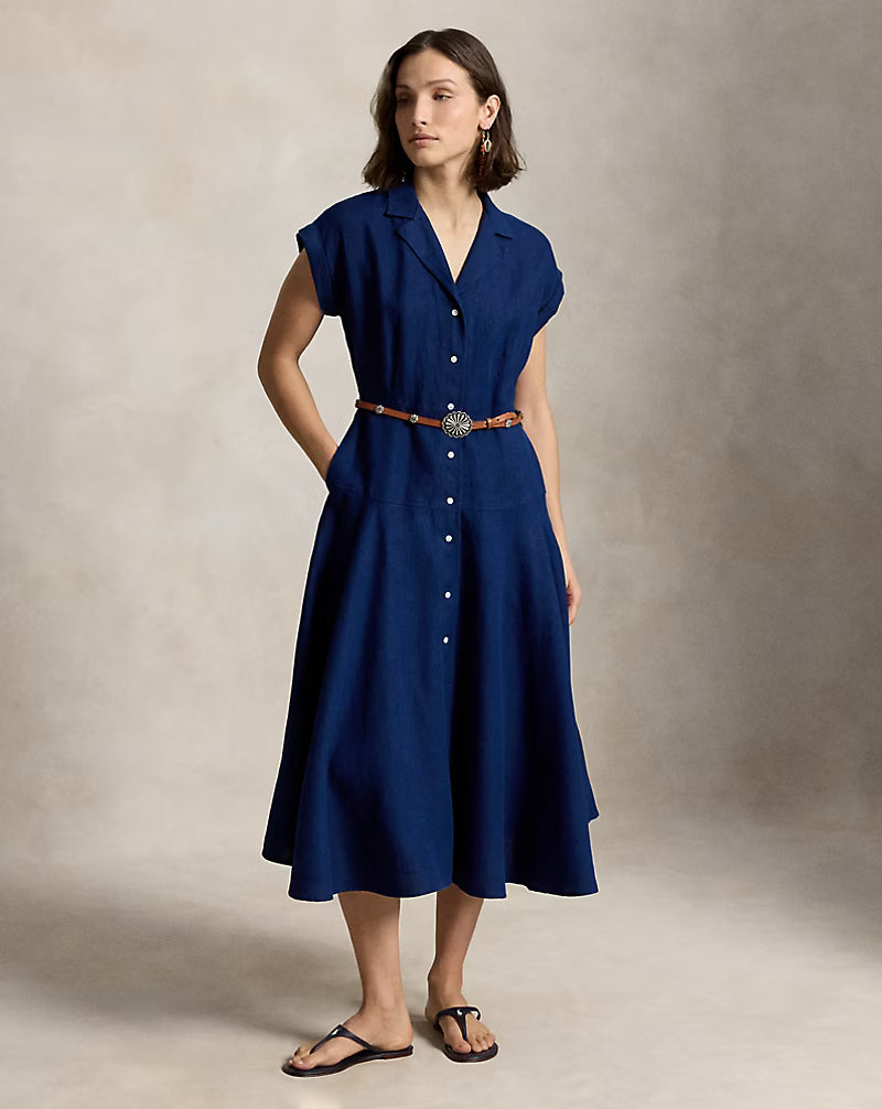 RALPH LAUREN WOMEN Linen Cap-Sleeve Shirt Dress East Side Royal
