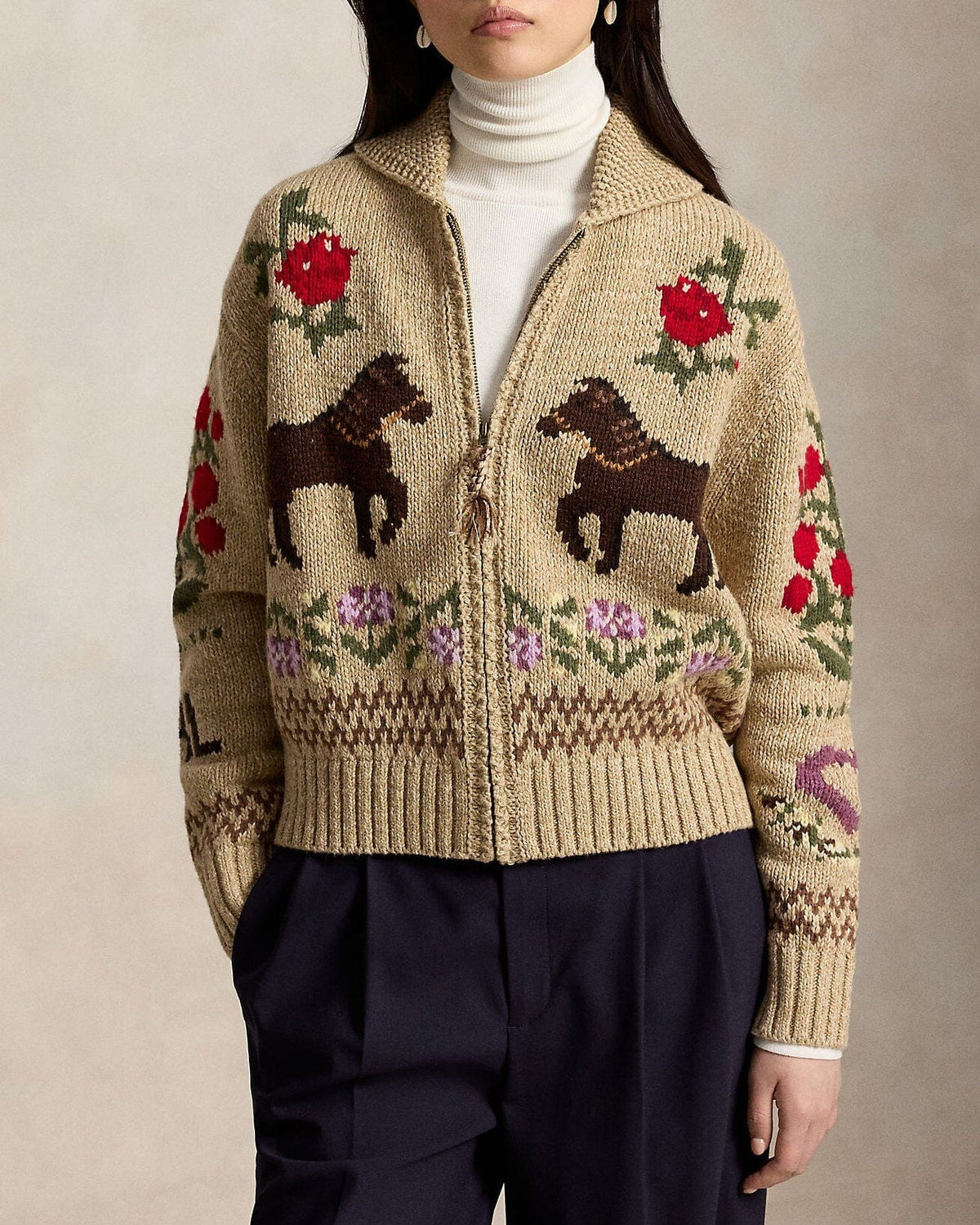 Long Sleeve Crewneck Horse Cardigan-Sweaters-Uniquities