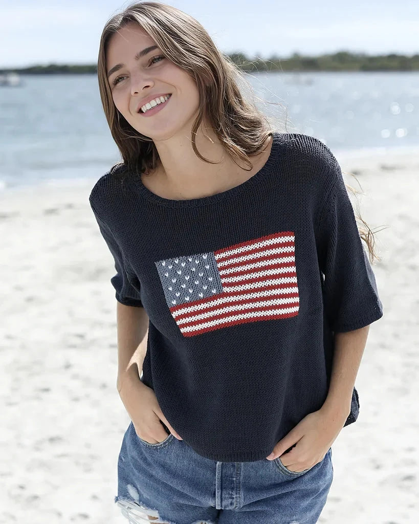 Flag Short Sleeve Sweater-Sweaters-Uniquities
