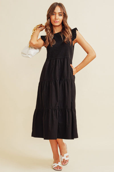 Ruffle Sleeve Tiered Midi Dress-Dresses-Uniquities